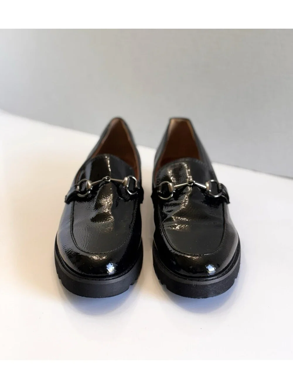 Franco Sarto Cason Loafers Womens Sz 8 M Black Patent Lug Sole Bit Slip On Shoes